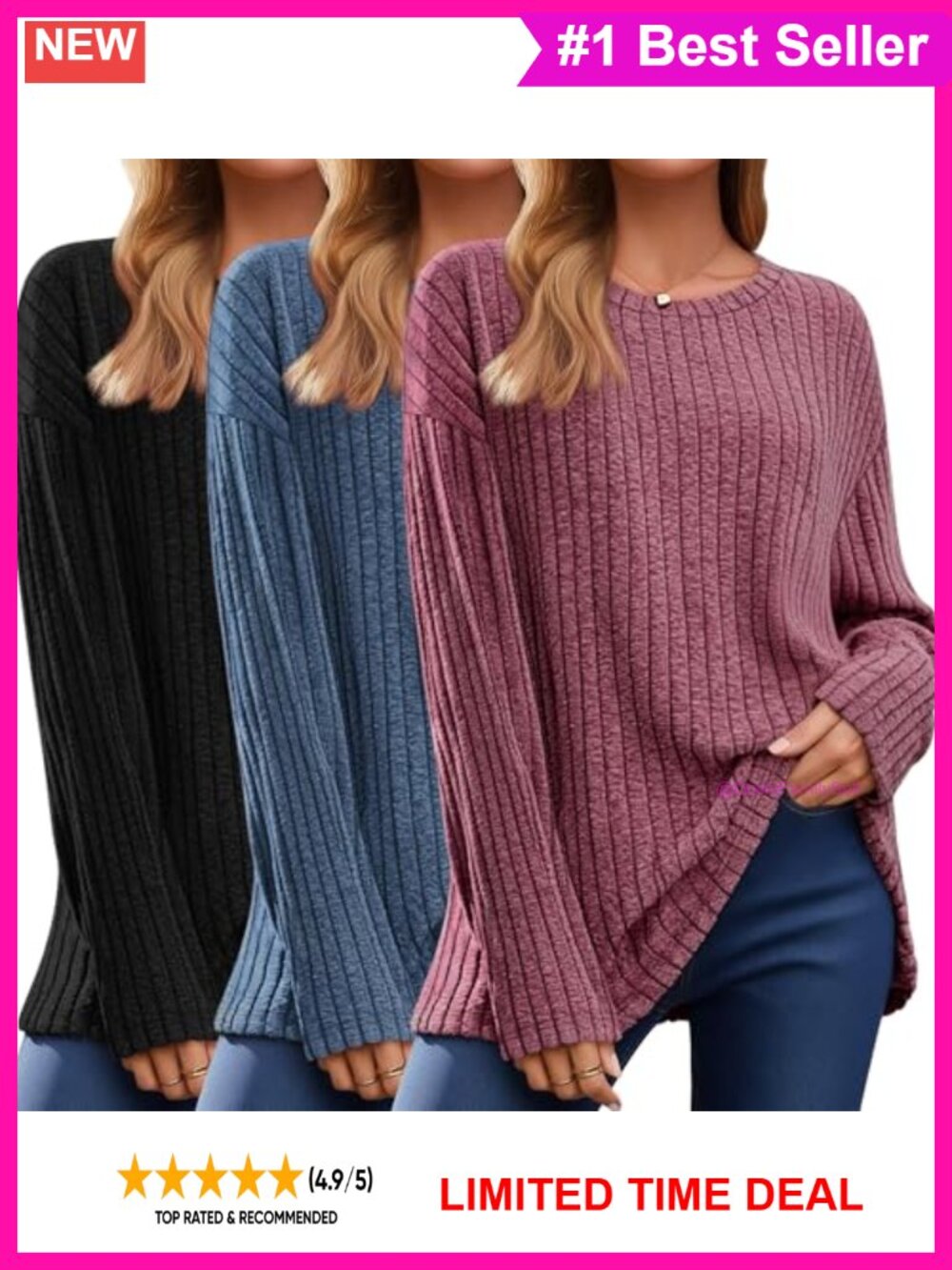 3 Pack Oversized Sweaters Long Sleeve Crew Neck Pullover Tunic Tops